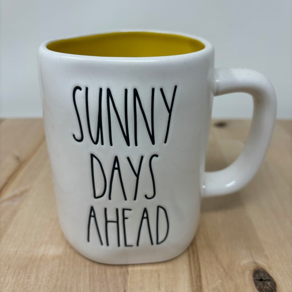 Rae Dunn SUNNY DAYS AHEAD Mug Double Sided Yellow Interior Sun Glasses on Back